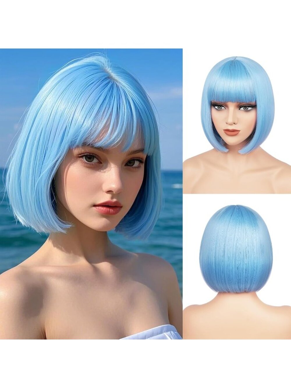 Women Misty Blue Heat Resistant Synthetic Bob Party Neon Wig Bangs 12 Inch